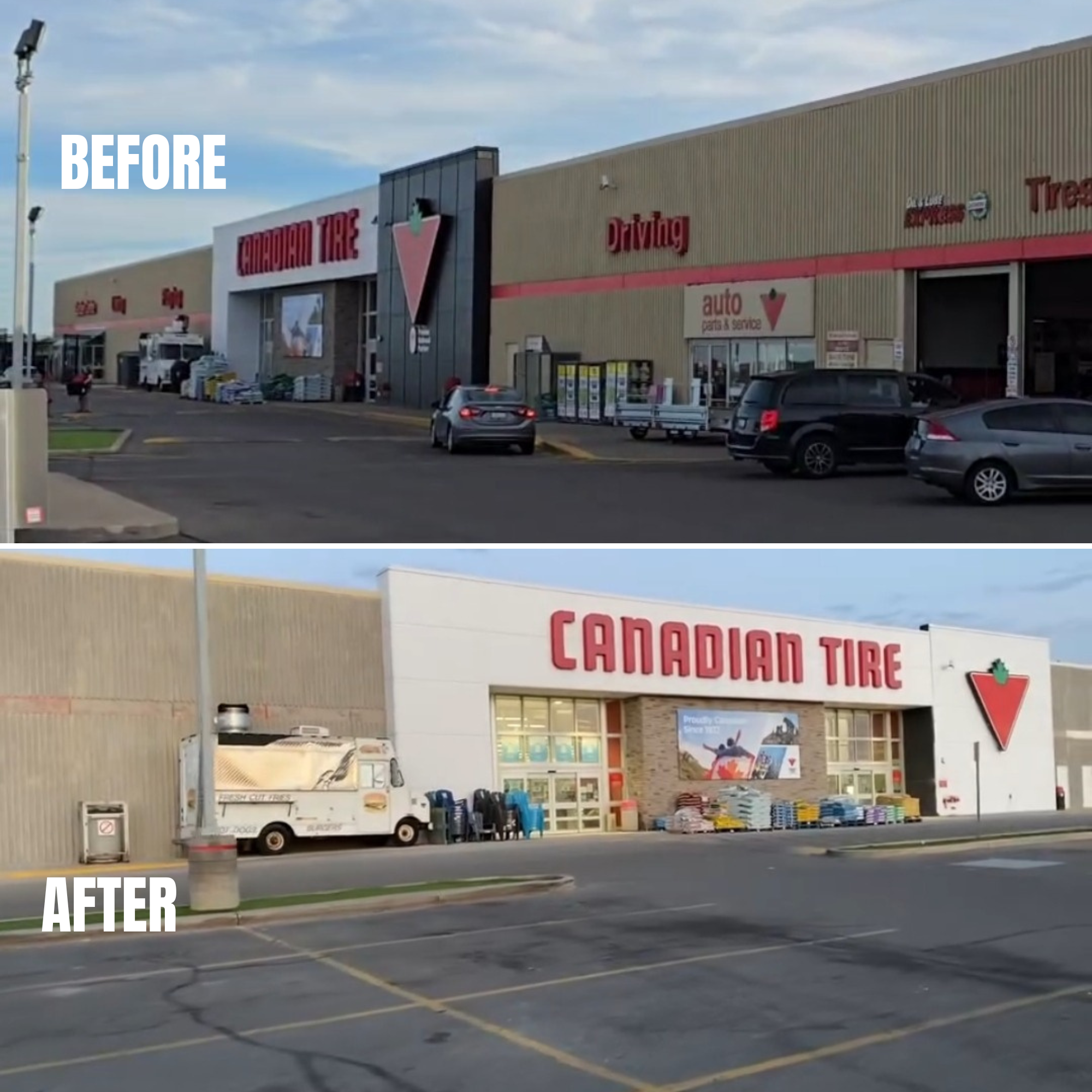 Canadian Tire commercial building exterior before and after blasting