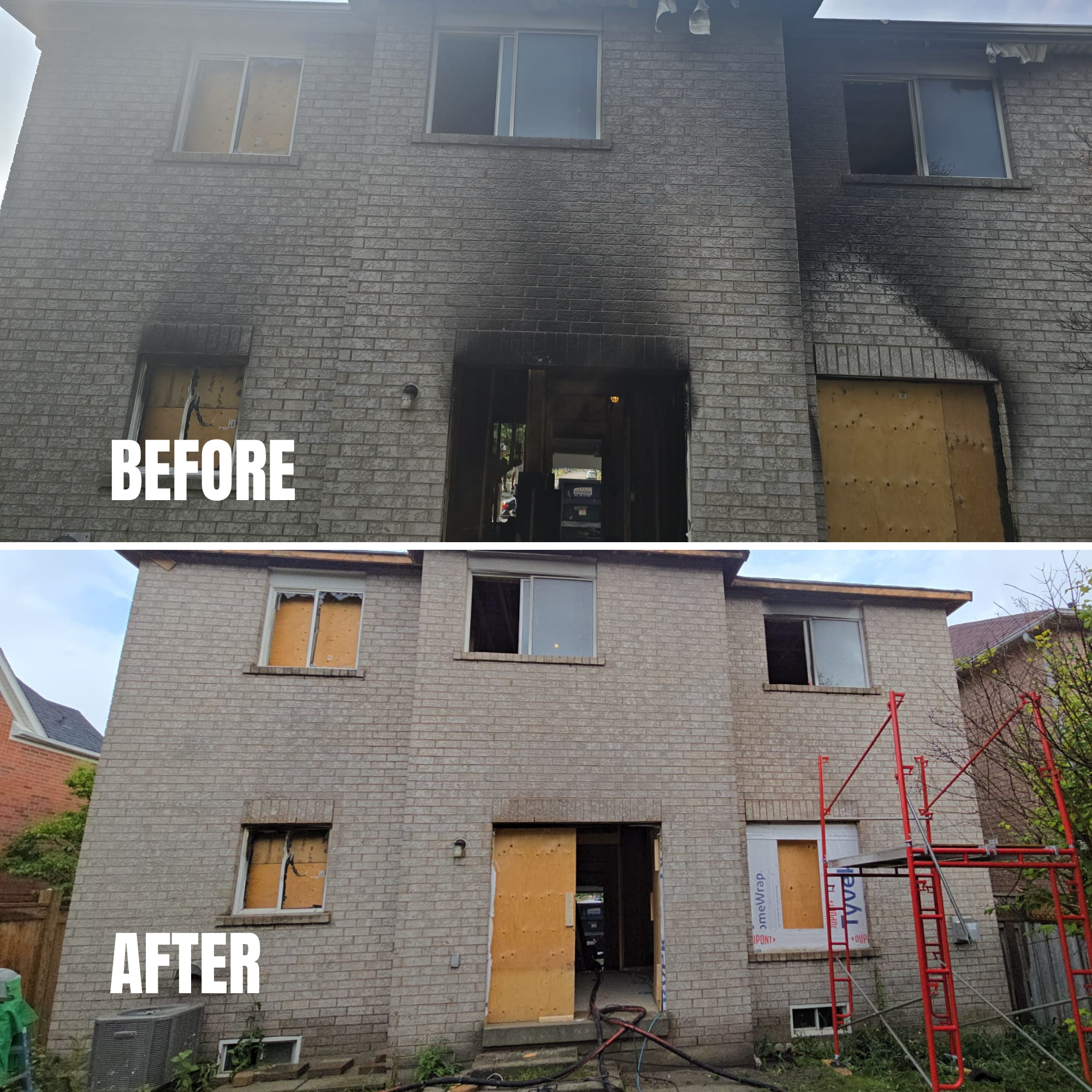 Fire-damaged brick before and after cleaning