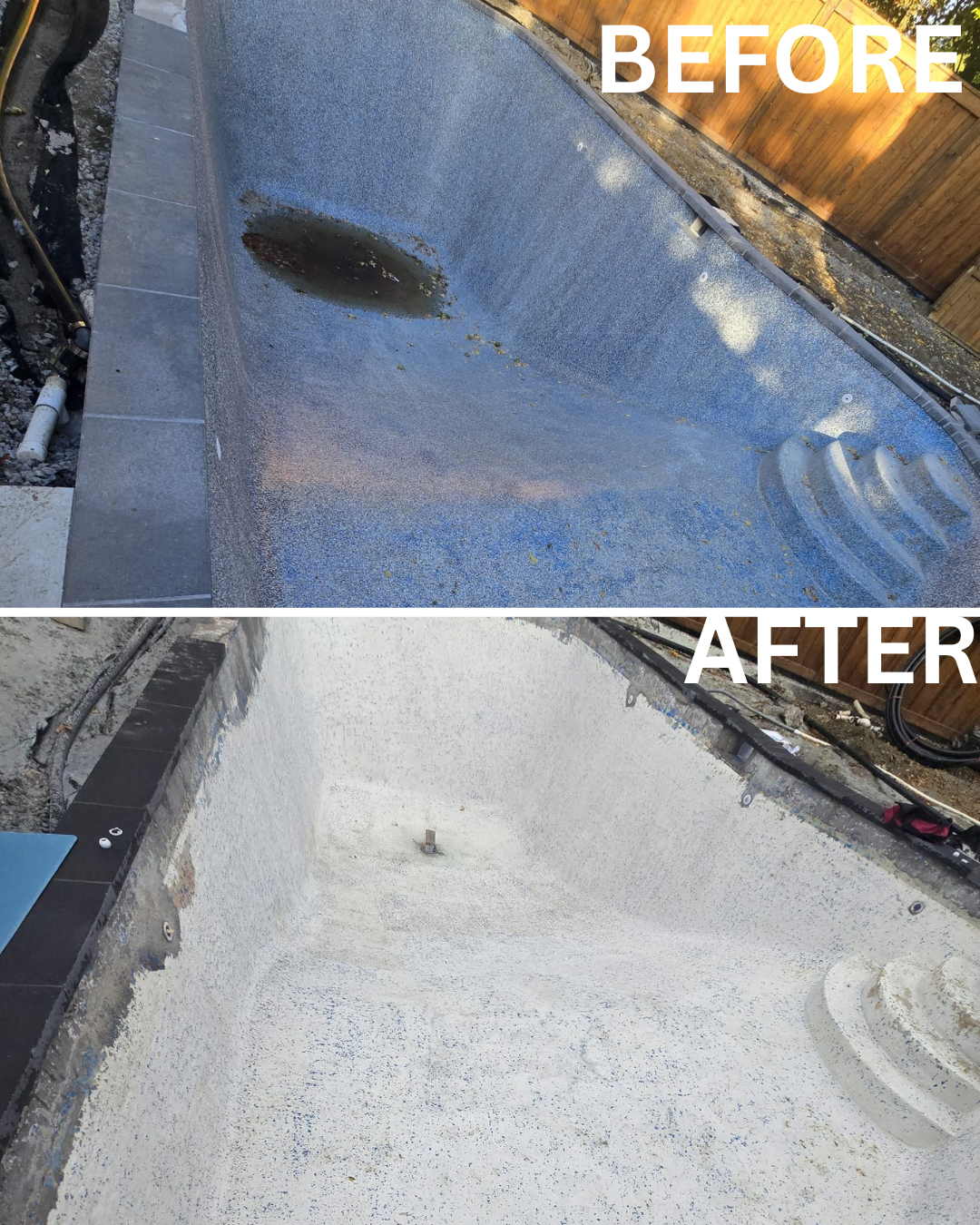 Before and after pool sandblasting by ZAD Sandblasting