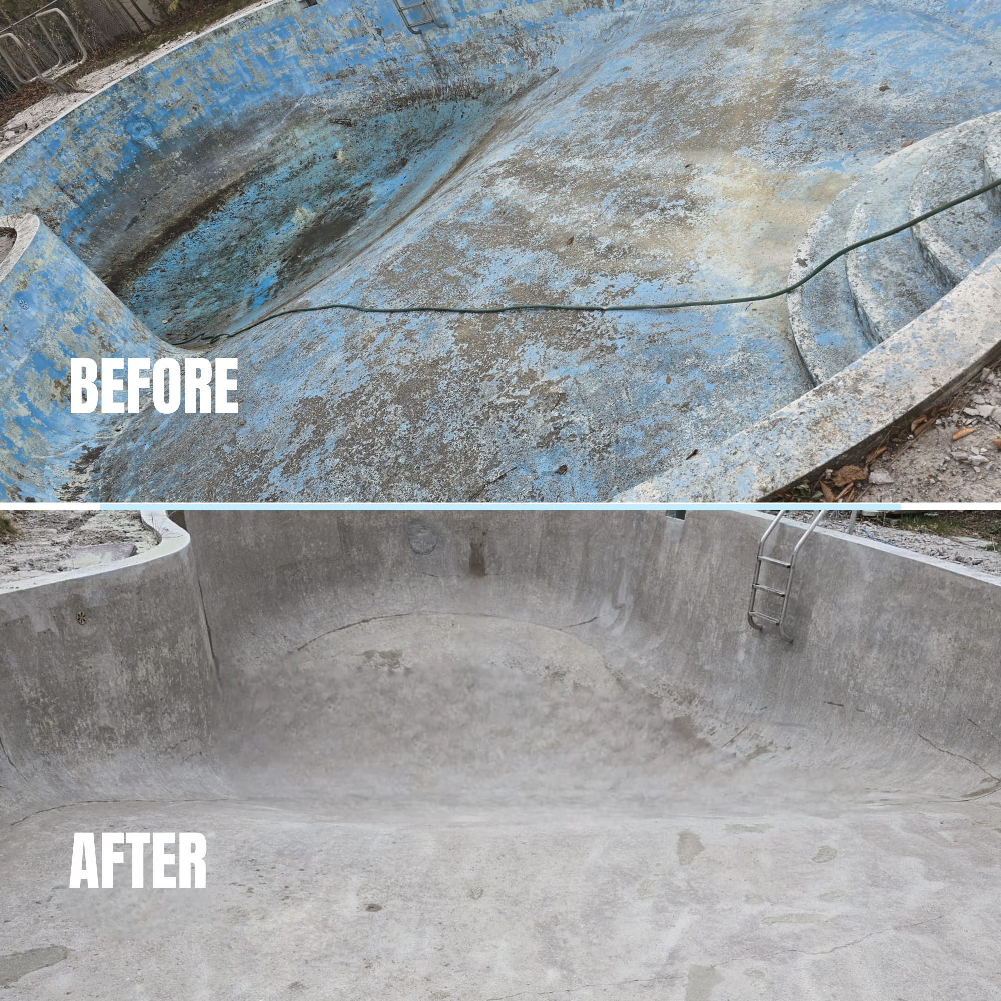 Pool surface before and after dustless blasting