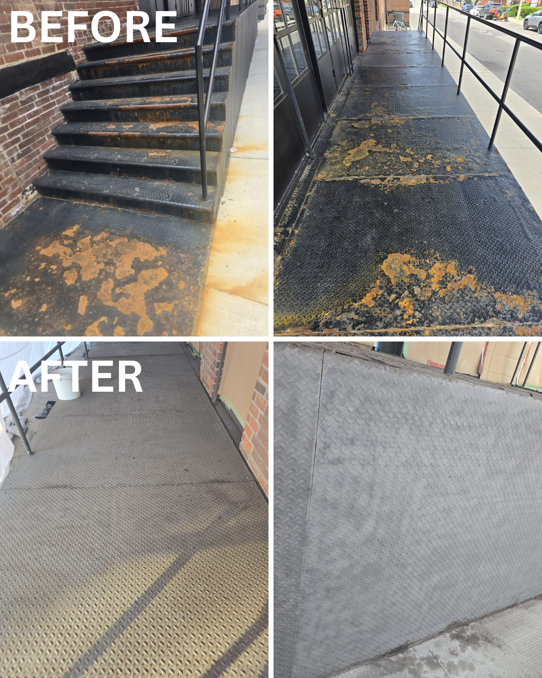 Commercial steel stairs and landing rust removal before and after mobile sandblasting